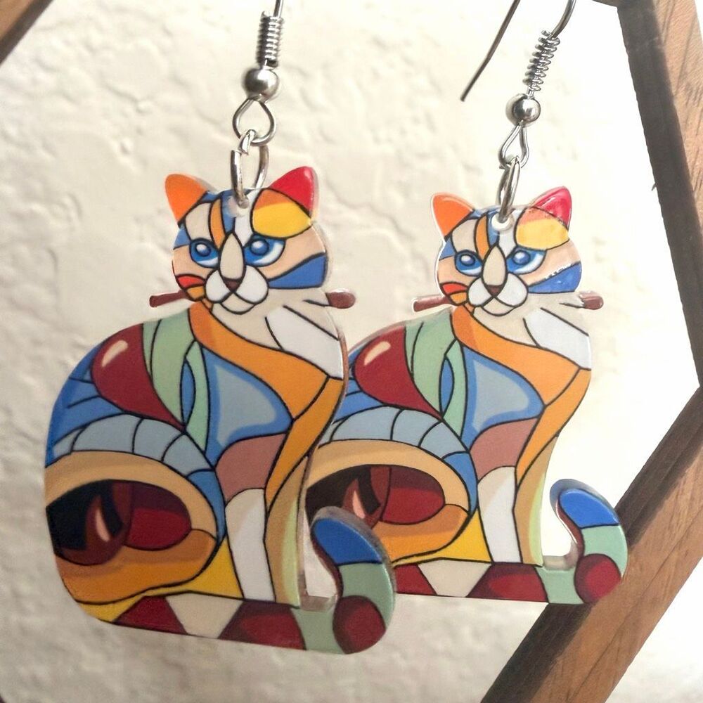 Colorful Stained Glass Style Cat Dangle Earrings